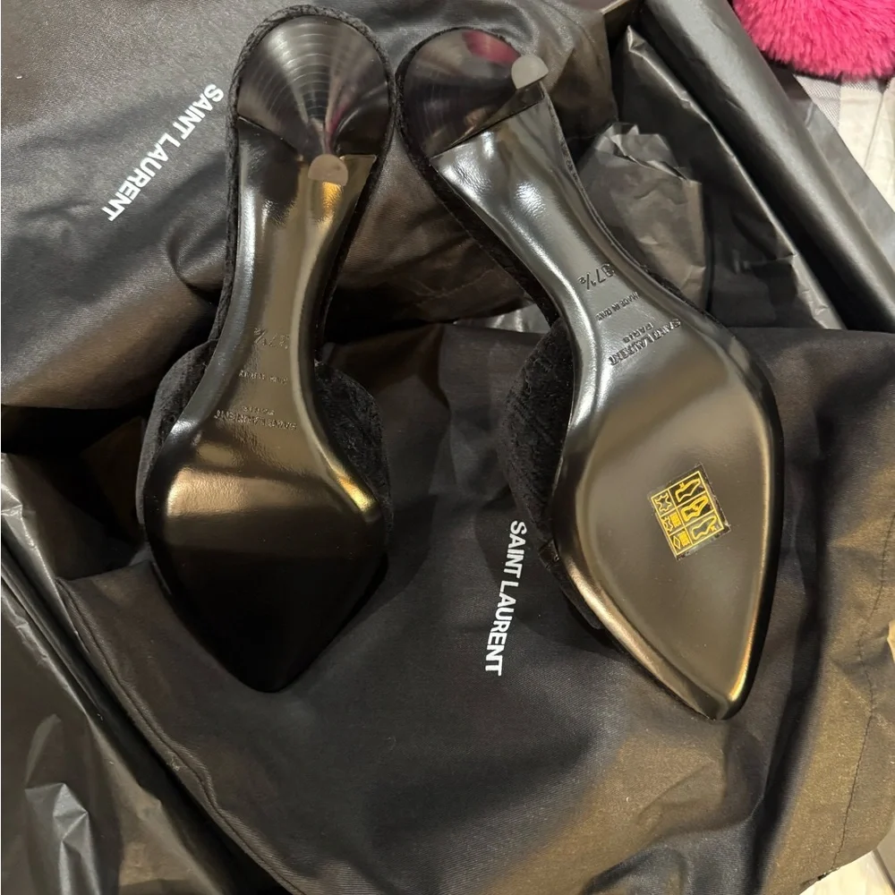 Saint Laurent Black Velvet Mules with Gold Chain Accent - Picture 4 of 9